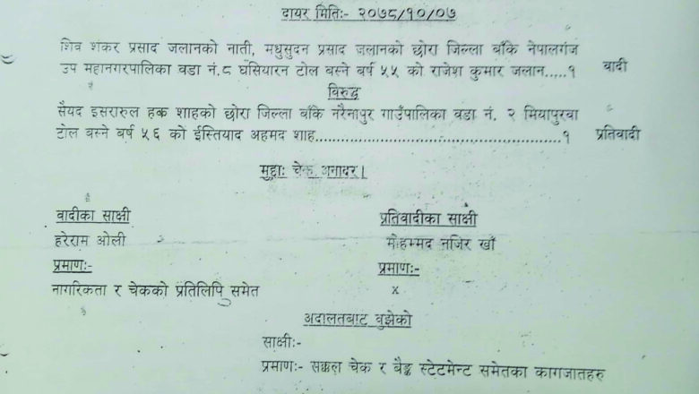 नरैनापुर गाउँपालिका प्रमुख ईस्तियाक अहमद शाहलाई चेक अनादर मुद्दामा जरिवाना, बिगो नभरे कैदमा जाने